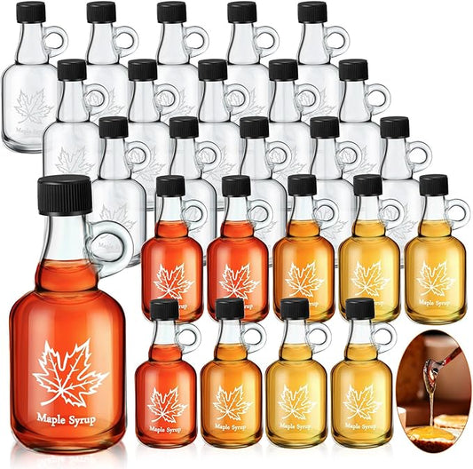 Havawish 24 Pcs 3.4 oz Glass Maple Syrup Bottles Mini Syrup Container with Loop Handle and Plastic Lids, Small Empty Jars for Oil Storage Gift