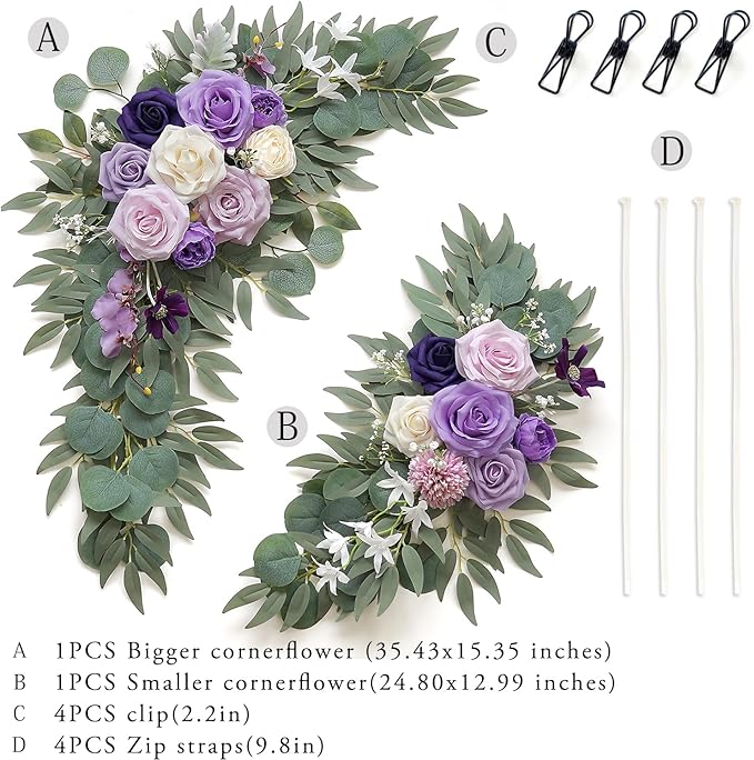 Olalaka Faux Flower Swag Set of 2 for Wedding Welcome Signs Floral Decorations, Purple Wedding Arch Flowers for Wedding Ceremony (Lilac & Purple & Cream)