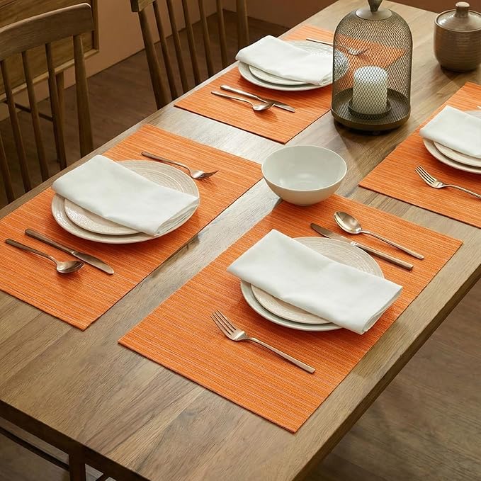 AHHFSMEI Placemats Set of 6 Woven Vinyl Non-Slip Heat Resistant Stain Resistant Easy Clean Place mats for Dining Table(Orange)