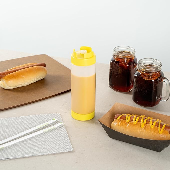 Restaurantware Plastic Squeeze Bottle 20 oz Refillable Condiment Bottle Large Valve Dishwashable Yellow Inverted Sauce Dispenser For Thick Condiments, Dressings, Batter, Sour Cream, And Syrups