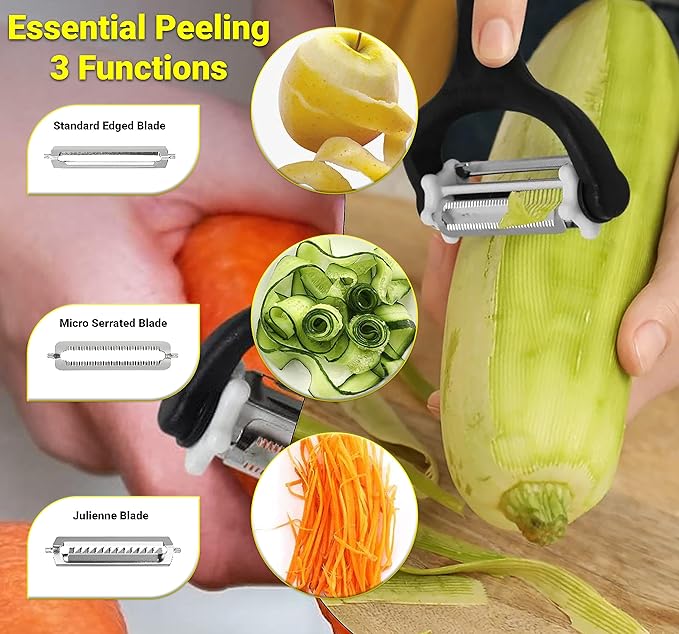 3-in-1 Vegetable Peeler & Julienne Peeler with 360° Rotating Stainless Steel Blades– Multifunction Julienne Cutter, Shredder & Slicer with Soft Handle-Fruits, Potato, Papaya Cucumber & Carrot Peeler