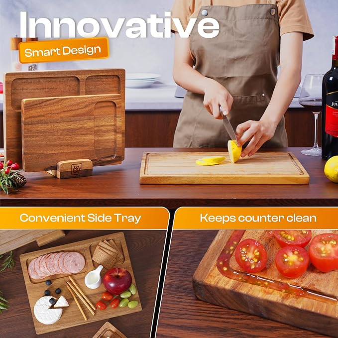 Acacia Wood Cutting Board Set of 3 – 2-in-1 Reversible Butcher Blocks & Serving Trays with Juice Groove, 100% Natural Hardwood, Multi-Size, Gift Box Ready