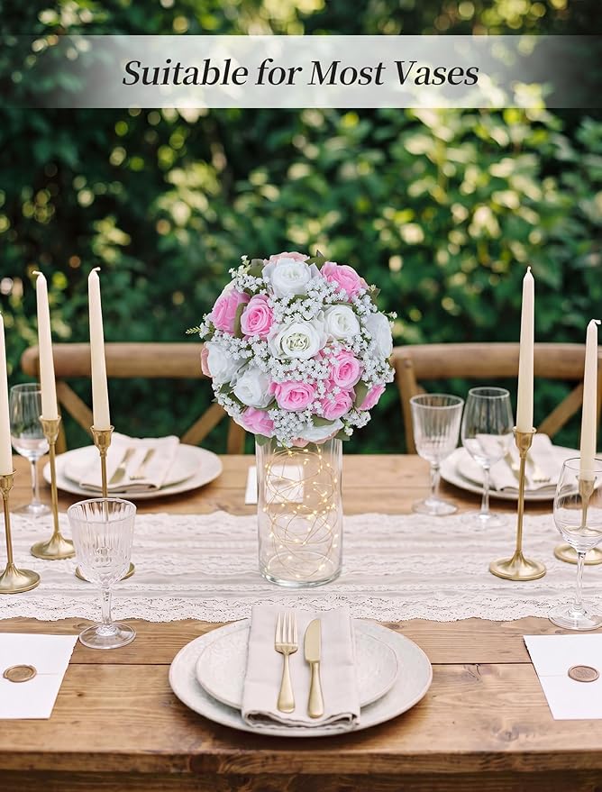 BLOSMON Fake Flowers Ball Centerpieces: 2 Pcs Pink Rose Babys Breath Artificial Flowers Wedding Decoration for Table Silk Kissing Floral Bouquet Arrangements for Home Party DIY Decor
