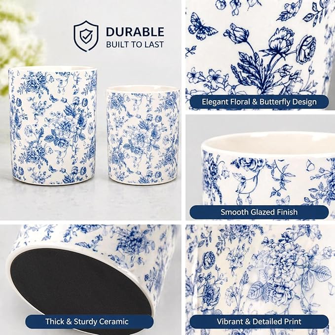 JarThenaAMCS 2Pcs Chinoiserie Floral Ceramic Utensil Holder Vintage Blue Flower Butterfly Utensil Crock for Home Kitchen Countertop Storage Organizer Container