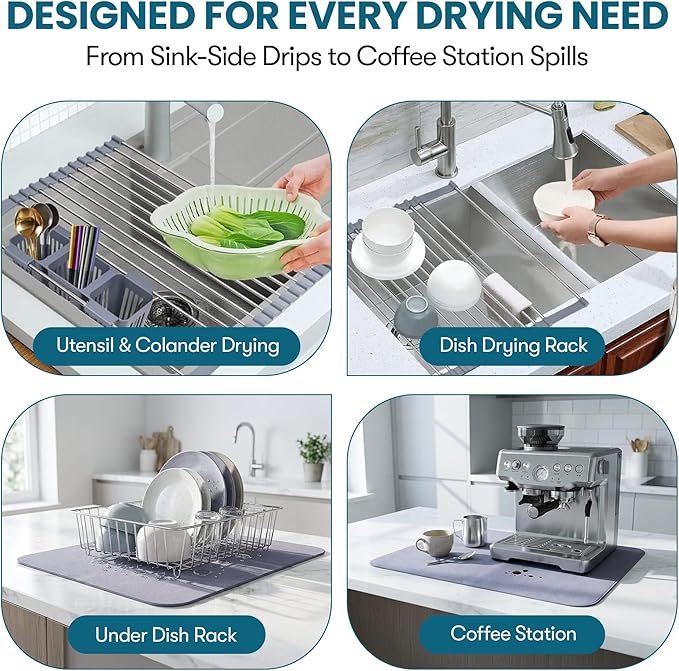 Havenity™ Expandable Roll Up Dish Drying Rack with Drying Mat - Adjustable Up to 22.75" with 2 Free Attachments & 2 Removable Baskets, 304 Stainless Steel Over The Sink Dish Drying Rack Cover Kitchen