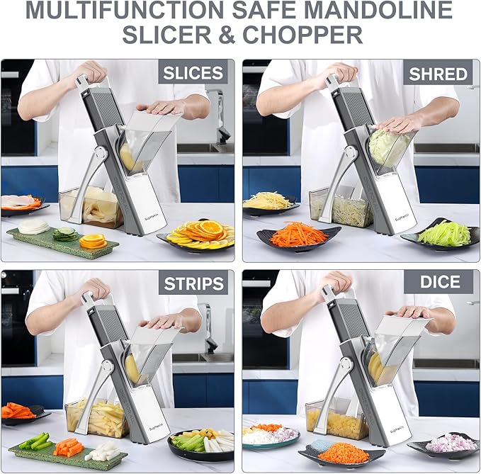 SupMaKin Upgrade Safe Mandoline Slicer, Multi Vegetable Chopper, Potato Slicer, Vegetables Slicer Onion Chopper Fry Cutter, Kitchen Chopping Artifact (GrayWhite)