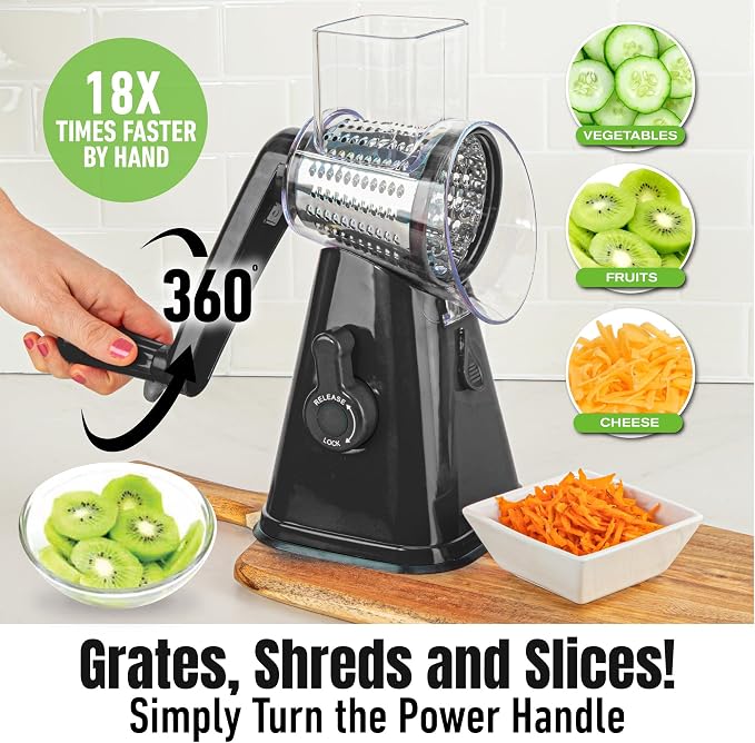 Rotary Cheese Grater with Handle, Cheese Grater Hand Crank, Fast Cutting Grater for Kitchen with 3 Interchangeable Blades, Vegetable Slicer, Cheese Shredder with Suction Cup Base, Dishwasher Safe