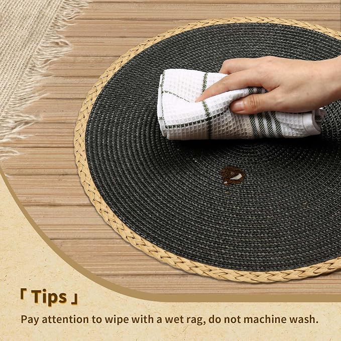 Noctiflorous Braided Round Placemats Set of 4, 15 Inch Woven Table Mats, Non-Slip Washable Thin Edge Place Mats for Kitchen Dining Table Decor (Black, 4)