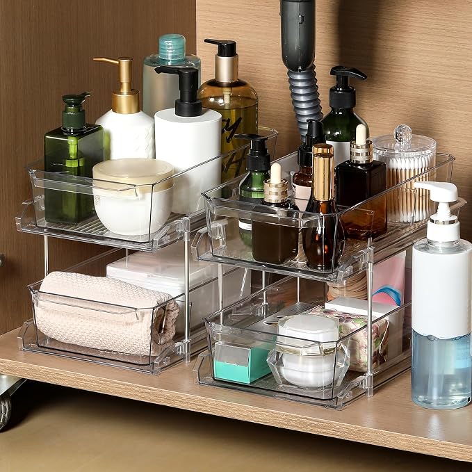 2 Tier Clear Organizer with Dividers for Cabinet, Shlef, Counter - MultiUse Slide-Out Storage Container - Kitchen, Pantry, Medicine Cupboard Bins, Bathroom, Vanity Makeup, Under Sink Organizing