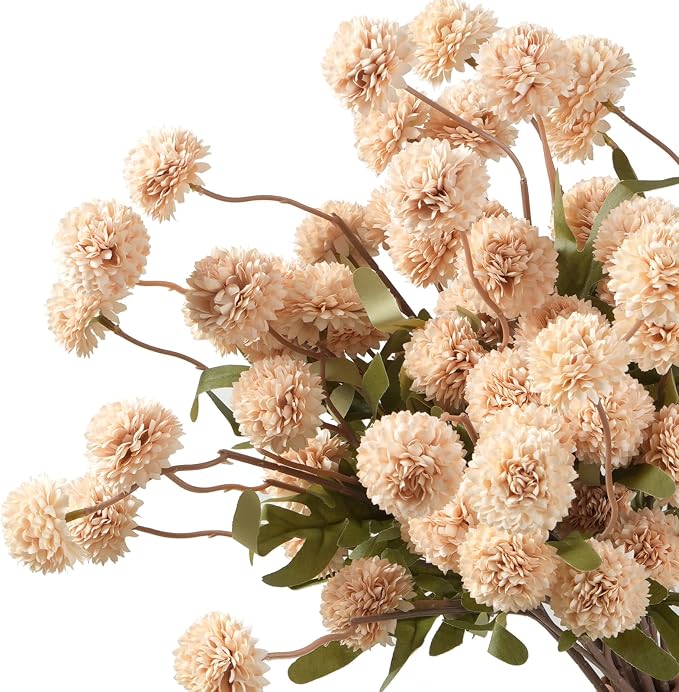 trytuny Fake Fall Flowers for Vase, Faux Silk Kiku Mums, Artificial Pom pom Floral Bouquets Indoor Centerpiece Office Coffee Table Boho Home Decorations (9, Khaki)