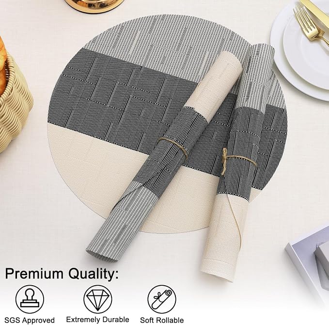 Round Placemats Set of 6, 15 Inch Woven Vinyl Heat Resistant Place Mats, Washable Non Slip PVC Table Mats for Kitchen Dining Party Outdoor Table Decor (Beige Black, 6)