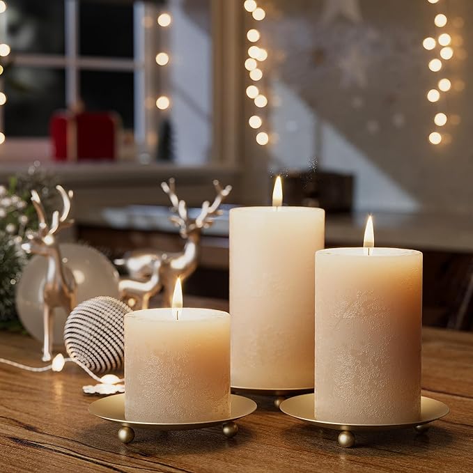 Gold Candle Holders for Pillar Candles, Set of 6 Premium Metal Candle Plates Candle Stand for LED or Wax Candles, Decorative Pillar Candle Holder Dish for Table Centerpiece