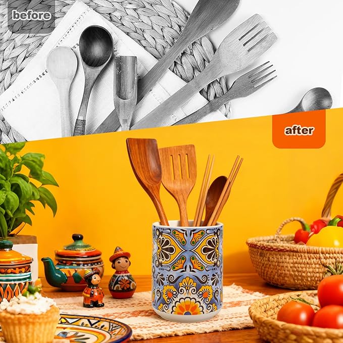 FYSUIMU Mexican Utensil Holder for Counter Cinco De Mayo Talavera Pottery Kitchen Decor Vintage Utensil Crock Ceramic Mexico Decor for Home Kitchen Countertop Storage Container Vase Spatula Holder