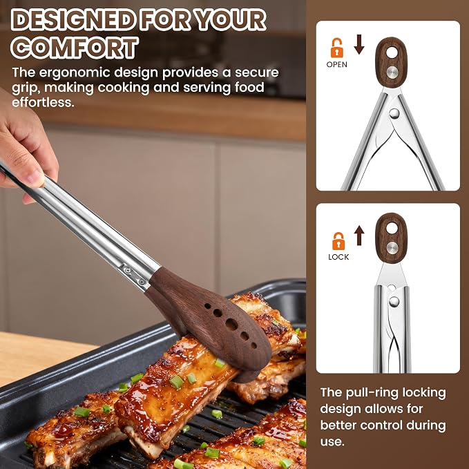 Kitchen Wooden Tongs for Cooking - 9 Inch & 12 Inch Nonstick Natural Walnut Wood Tongs, Stainless Steel Salad Tong with Walnut Wood Tips for Serving Food, Cooking, Salad, BBQ