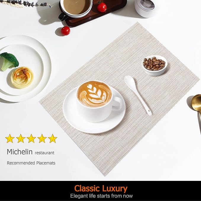Placemats Set of 12 Washable&Wipeable Place mats for Dining Table Kitchen Indoor Outdoor Table Mats Heat Resistant Non Slip Woven Vinyl Table Placemats (Beige，12PCS)