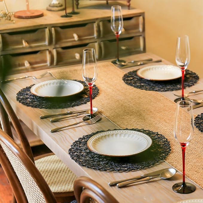 AHHFSMEI Paper Braided Round Placemats Set of 6 Natural Non-Slip Heat Resistant Table Mats for Dining Tables Woven Indoor & Outdoor Place mats(Black)