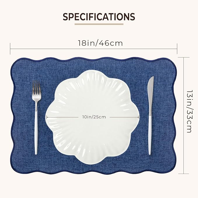 AHHFSMEI Faux Linen Placemats Set of 6 Heat Resistant Non-Slip Stain Proof Table Mats for Kitchen Dining Elegant Decor Place Mats (Blue)