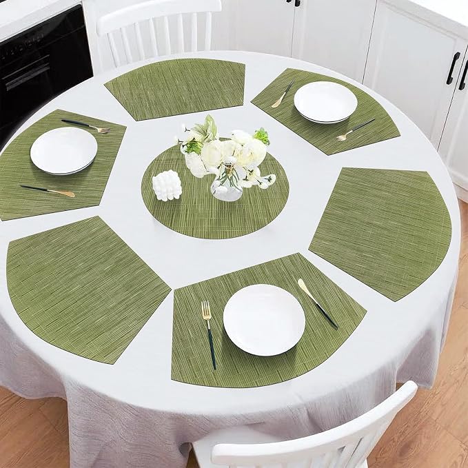 SHACOS Round Table Placemats Set of 7 Wedge Placemat with Centerpiece Round Mat Heat Resistant Table Mats Wipe Clean (7, Green)