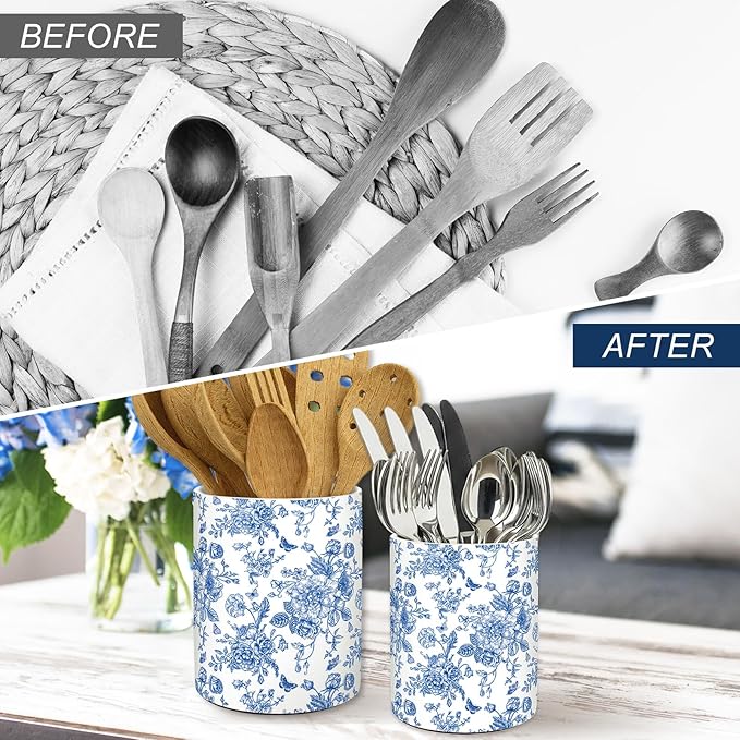 JarThenaAMCS 2Pcs Chinoiserie Floral Ceramic Utensil Holder Vintage Blue Flower Butterfly Utensil Crock for Home Kitchen Countertop Storage Organizer Container