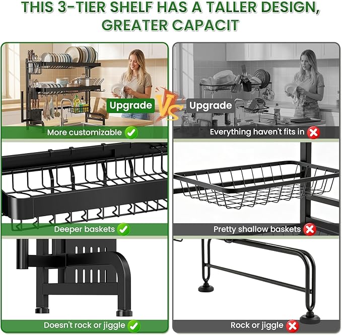 Over The Sink Dish Drying Rack, Adjustable 3 Tier Large Capacity Stainless Steel Drainer with Cutlery/Utensil/Cup Holder Hooks, Kitchen Storage & Organization, 25"-38" L x 11" W x 37.5" H, Black