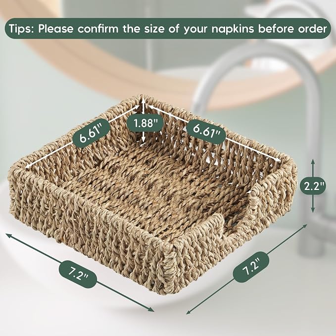 Napkin Holder for Table, Woven Seagrass Napkin Holders For Paper Napkins, Wicker Napkin Holders for Kitchen Dinner Table Boho Decor and Accessories, Square Napkin Basket and Serving Tray