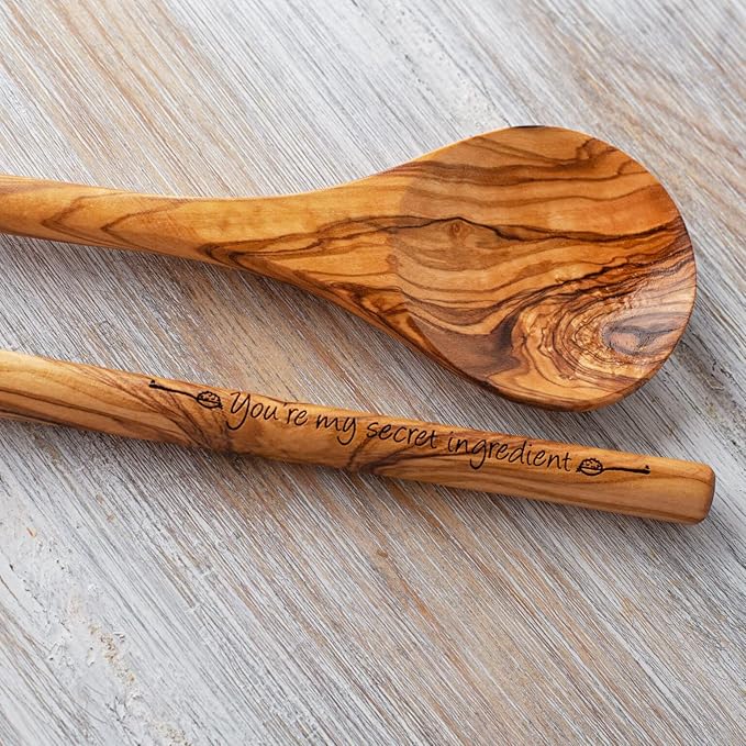 Forest Decor Engraved Personalized, Olive Wood Spoons, Personalized Cooking Gift for Grandma and Mom, Wooden Spoon Set, Cooking Trophy, 100% Natural and Handcrafted, Set of 2 Round Spoons