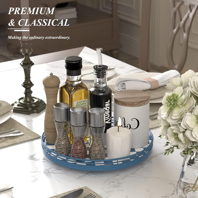 Premium Rubber Wood Lazy Susan Turntable, Blue White Checkerboard Decorative Serving Tray, Hand-Welded Metal Railing, Stable Rotating Organizer for Dining Table, Kitchen Counter, Coffee Table Decor