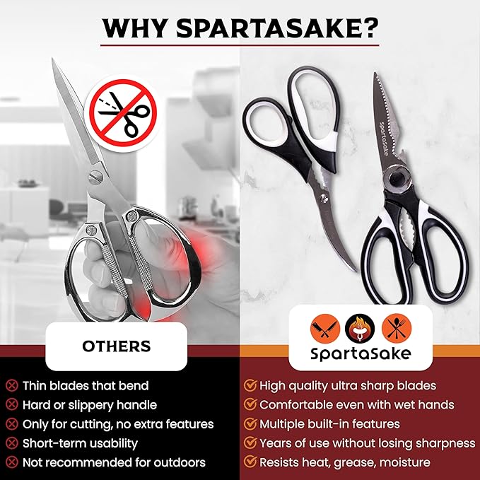 SpartaSake 2-Pack Premium Stainless Steel All Purpose Kitchen Shears with Sleeve - Heavy Duty Ultra Sharp kitchen Scissors for Food-Multipurpose Food Scissors for Meat Poultry Vegetable (Black-White)