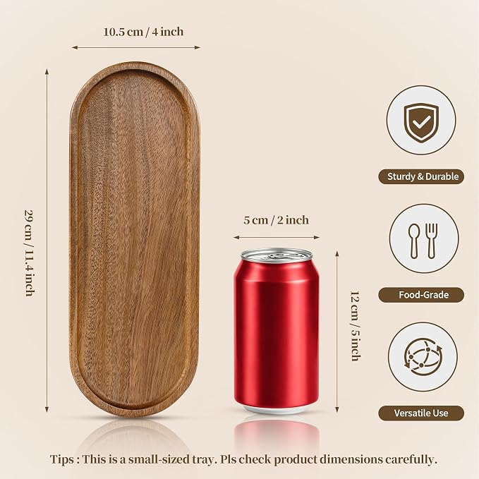 Small Wooden Tray | Acacia Wood Tray for Vanity, Bathroom Counter, Coffee Table & Toilet | Perfect for Jewelry, Remote, Perfumes & Catch All | Mini Charcuterie Board Serving Platter (Oval)