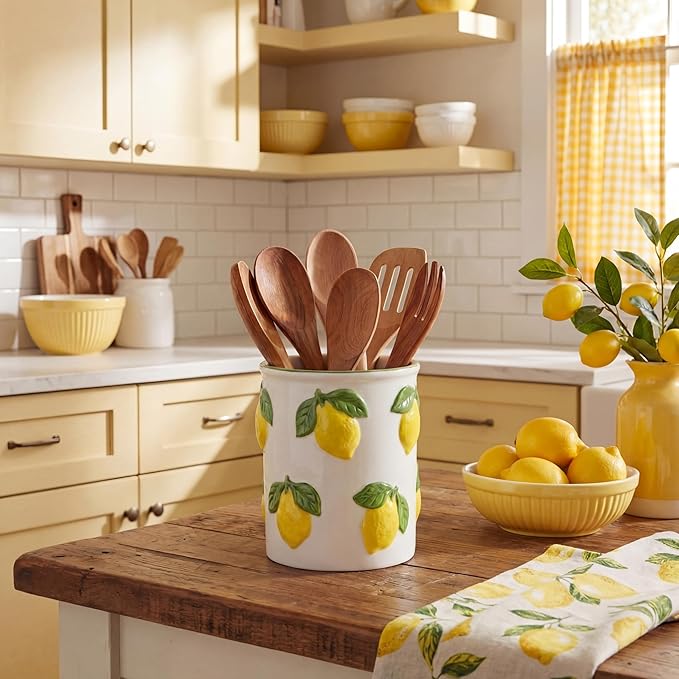 LemonRoad Lemon Utensil Holder for Kitchen Counter,Ceramic Cooking Utensil Crock Modern Farmhouse Countertop Organizer for Spatula Ladle Kitchen Counter Decor
