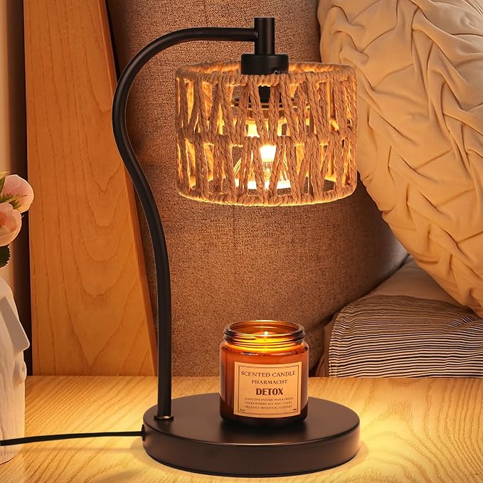 Ruiever Candle Warmer Lamp, Rattan Candle Heater with 2 Light Bulbs, Dimmable and Timer Melt Warmer for Scented Jar Candles Aromatic Holders for Home Room,Bedroom Living Room