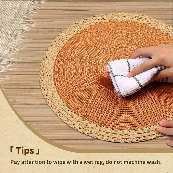 Noctiflorous Braided Round Placemats Set of 6, 15 Inch Woven Table Mats, Non-Slip Washable Wide Edge Place Mats for Kitchen Dining Table Decor (Orange, 6)