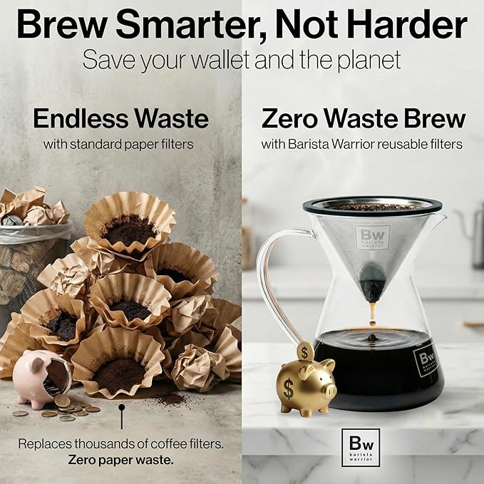 Barista Warrior Reusable Coffee Filter - Stainless Steel Pour Over Dripper, Compatible for Chemex, Hario V60 & Drippers, Easy to Clean Flavorful Brew Fine Mesh Coffee Filter - Silver