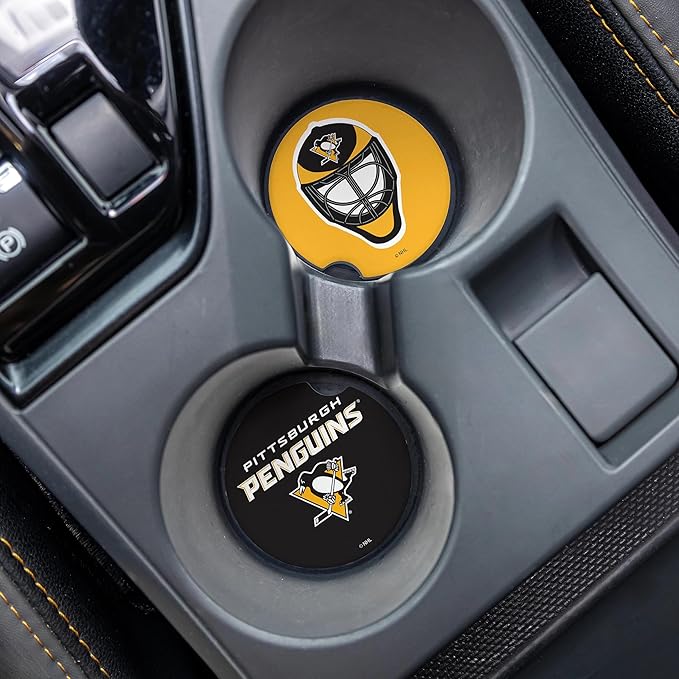 NHL Pittsburgh Penguins Car Coaster Set, 4pcs(2-Pack of 2), Absorbent Ceramic Stone Cup Holder Inserts, Removable Drink Mats for Cars, SUVs, and Trucks, Hockey Auto Accessories