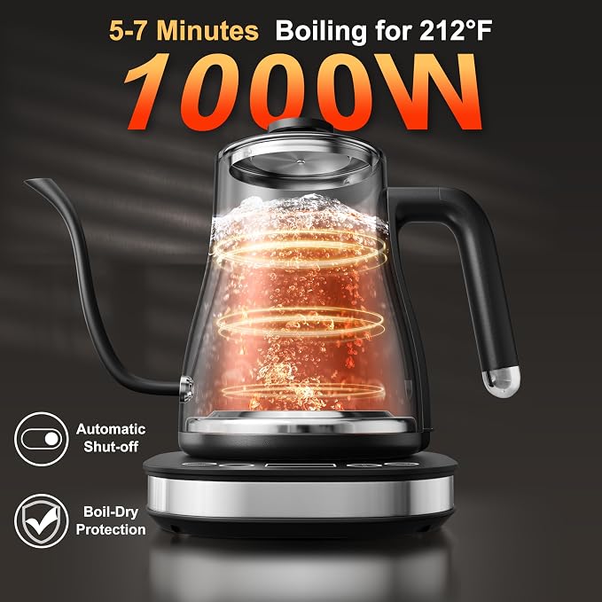 Stariver Gooseneck Electric Kettle with 5 Temperature Control Presets, Pour Over Coffee Kettle ±2℉ Temp Control, 1.2L Gooseneck Kettle, for Tea& Coffee, Stainless Steel Interior, 1000W, Black