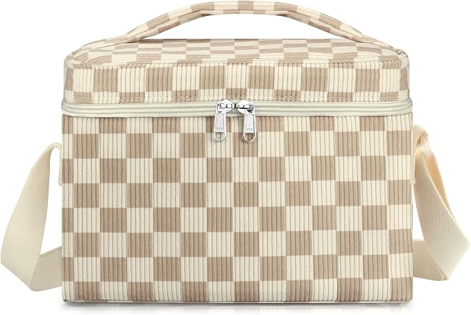 TESAFNG Insulated Lunch Bag for Women, Cute Corduroy Reusable Lunch Box for Adult, Leakproof Cooler Bag for Work Office Travel Picnic, Lunch Tote Bag with Adjustable Shoulder Strap (Checkered Khaki)