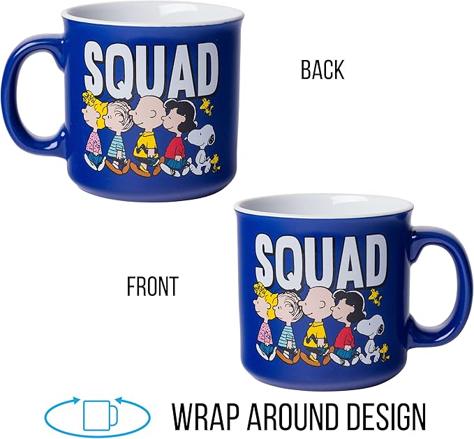 Silver Buffalo Peanuts Squad Featuring Sally, Linus, Charlie Brown, Lucy, Snoopy, and Woodstock Ceramic Camper Mug, 20 Ounces