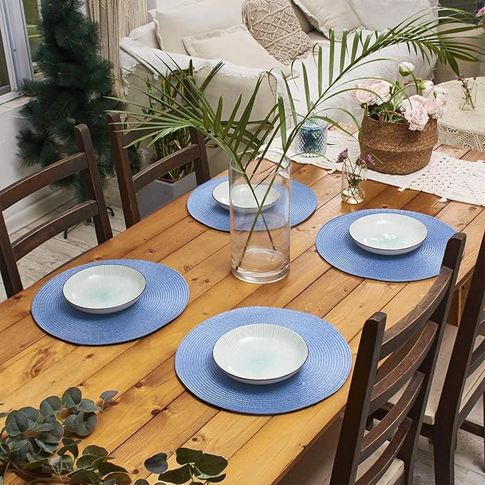 AHHFSMEI Round Placemats Set of 6 Heat Resistant Washable Non-Slip Woven Braided Table Mats for Dining Table Kitchen & Home Decor (Sky Blue)