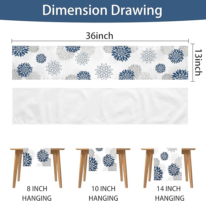 Dahlia Flower Table Runner 13x36 Inch Farmhouse Blue Gray Runners Modern Table Decorations Rustic Geometric Coffee Table Runner for Home Kitchen Dining Room Party (13"x36", Dahlia Floral-Blue)