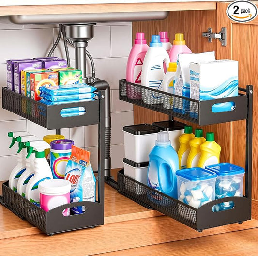 VEVOR Under Sink Organizer, 2 Pack 2-Tier Pull Out Cabinet Organizer with 4-Level Height Adjustment, Metal Slide Out Shelf, Multi-Purpose Cabinet Organizers and Storage for Bathroom & Kitchen, Black
