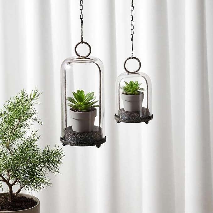 6" & 4" Wide Versatile Modern Metal Hurricane Lantern with Handmade Sturdy Glass Dome in Rustic Brown for Pillar Candle & Plants, Industrial, Farmhouse, Shabby Chic (Brown, 4"x7.5" &6.3"x11.2")