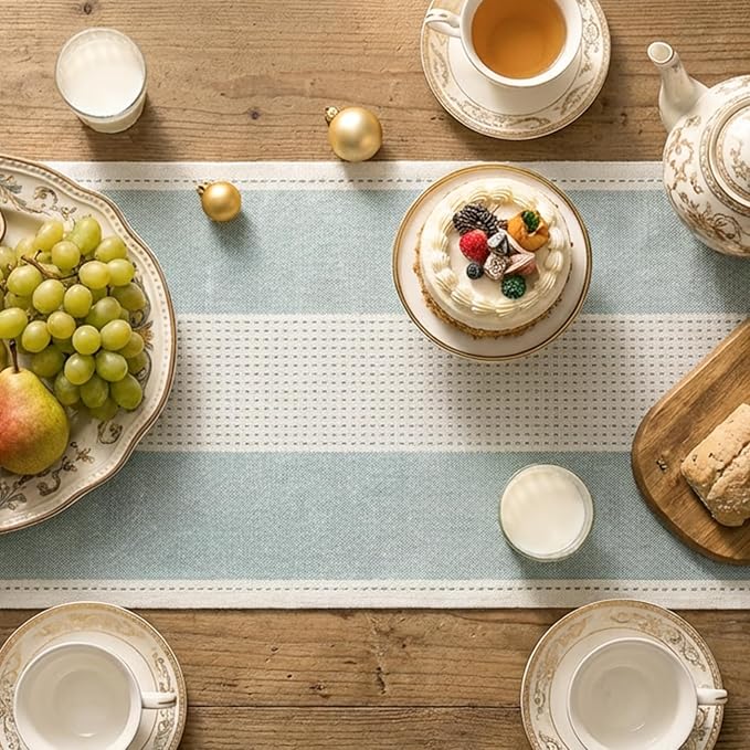 Artoid Mode Ice Blue Farmhouse Rustic Table Runner, Seasonal Macrame Fabric Kitchen Dining Holiday Wedding Table Decor for Home Party 13x60 Inch