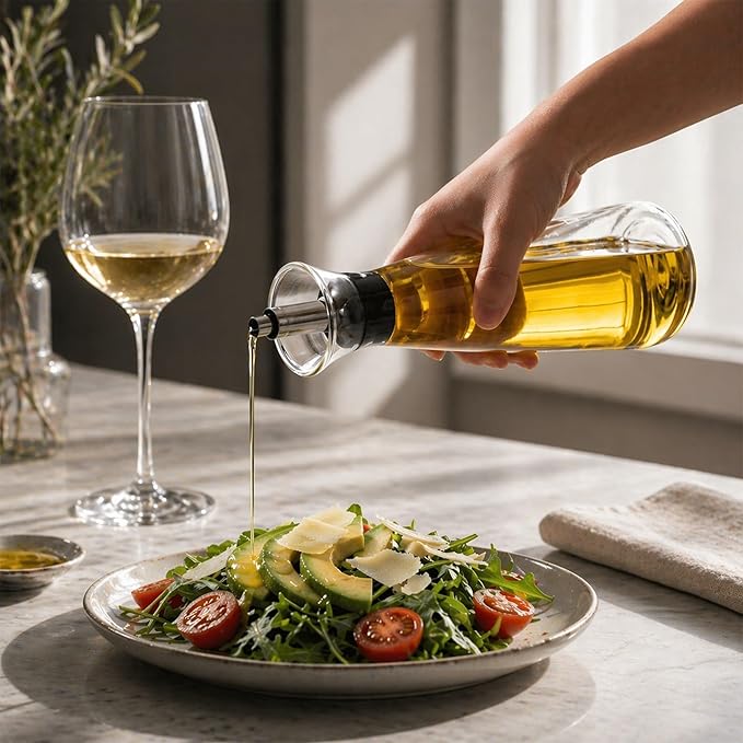 Restaurantware-Forma Professional 3 x 3 x 10.5 Inch Glass Oil Drizzler, 1 Borosilicate Olive Oil Dispenser - 17-Ounce Capacity, Stainless Steel Spout, Glass Bottle Dispenser, Silicone Cap, For Oils
