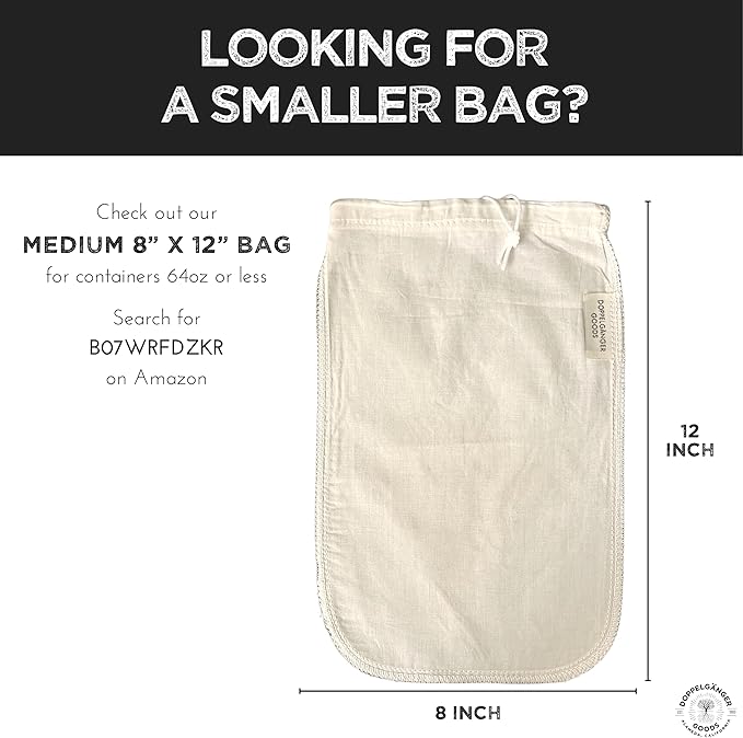 (2-Pack, Large 12in x 12in) Organic Cotton Cold Brew Coffee Bag - Designed in California - Reusable Coffee Filter with EasyOpen Drawstring Cold Brew Maker for Pitchers, Mason Jars, & Toddy Systems