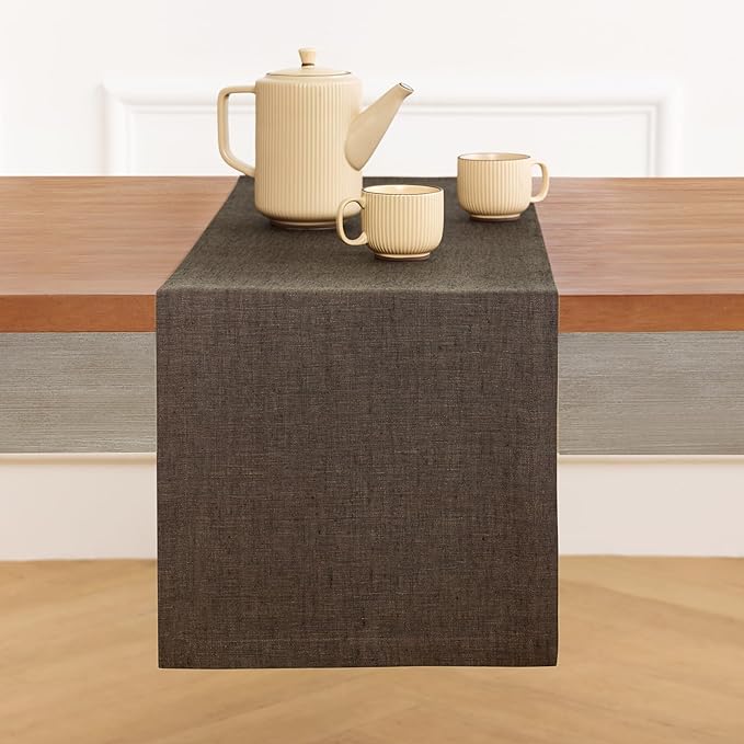Solino Home Linen Chambray Brown Table Runner 132 Inches Long - Athena, 100% Pure Linen Dining Table Runner 14 x 132 Inch - Handcrafted and Machine Washable