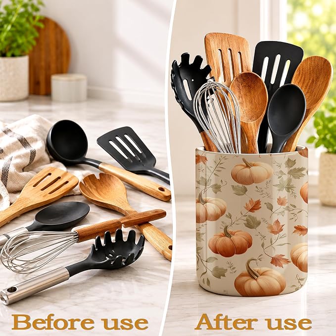 Pumpkins Kitchen Utensil Holder,Autumn Maple Leaves Large Ceramic Utensil Crock Organizer for Spatulas,Spoons and Cooking Tools,Kitchen,Home Decoration 6.3"