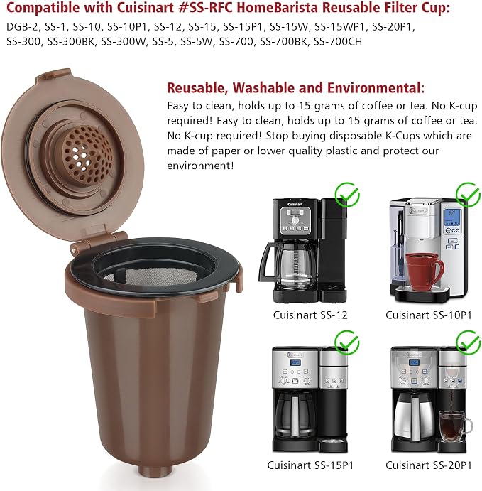 Newly upgraded Reusable Filter Cup for Cuisinart, Compatible with Cuisinart #SS-RFC HomeBarista Reusable Filter Cup, Brown (2 Pack)