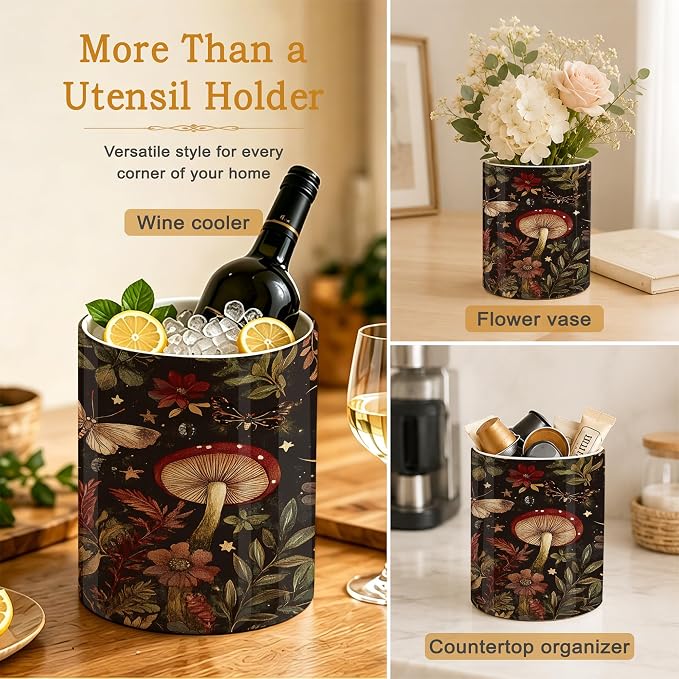 Red Mushroom Utensil Holder for Countertop,Moth Moon Magic Forest Ceramic Utensil Crock Organizer for Home Kitchen Spoons,Spatulas and Cooking Tools