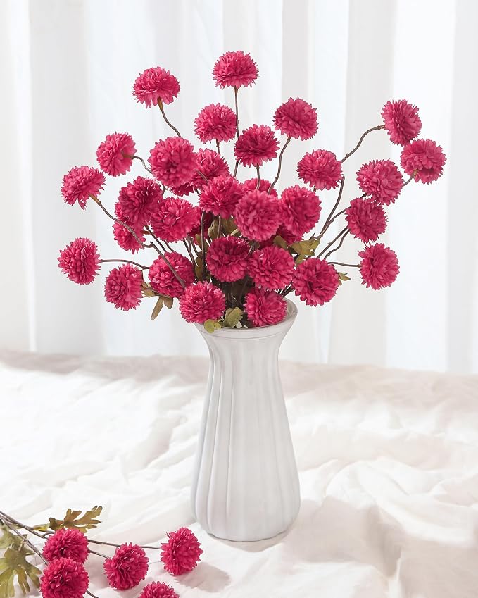 DuHouse 6pcs Artificial Flowers Faux Silk Pompon Mum,Silk Small Mini Chrysanthemum Ball with Stems for DIY Wedding Bouquets Centerpieces Vase Home Table Kitchen Decorations(Hot Pink)