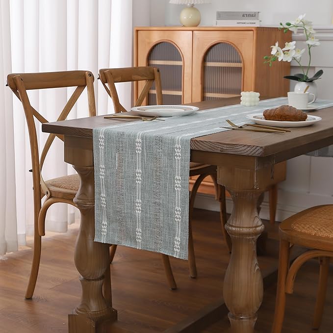Gernaice Boho Table Runner, Embroidered Cotton Linen Farmhouse Table Runners for Dresser Dining Living Room Bedroom Home Decor, 60" L X 13" W Grey